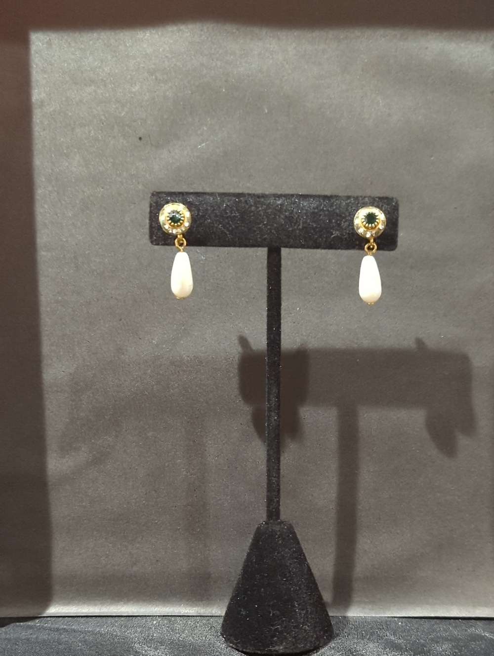Gold Drop Pearl Earrings with Green Accent